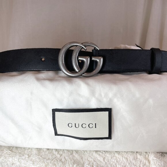 Authentic Gucci Marmont Double GG Raw Edge Black Leather Belt 414516 90/36 - Picture 1 of 9